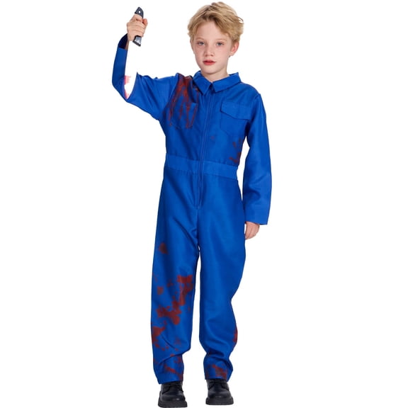 Halloween Zombie Killer Costume for Big Kids Boys Scary Horror Jumpsuit with Accessories 7-8 Years