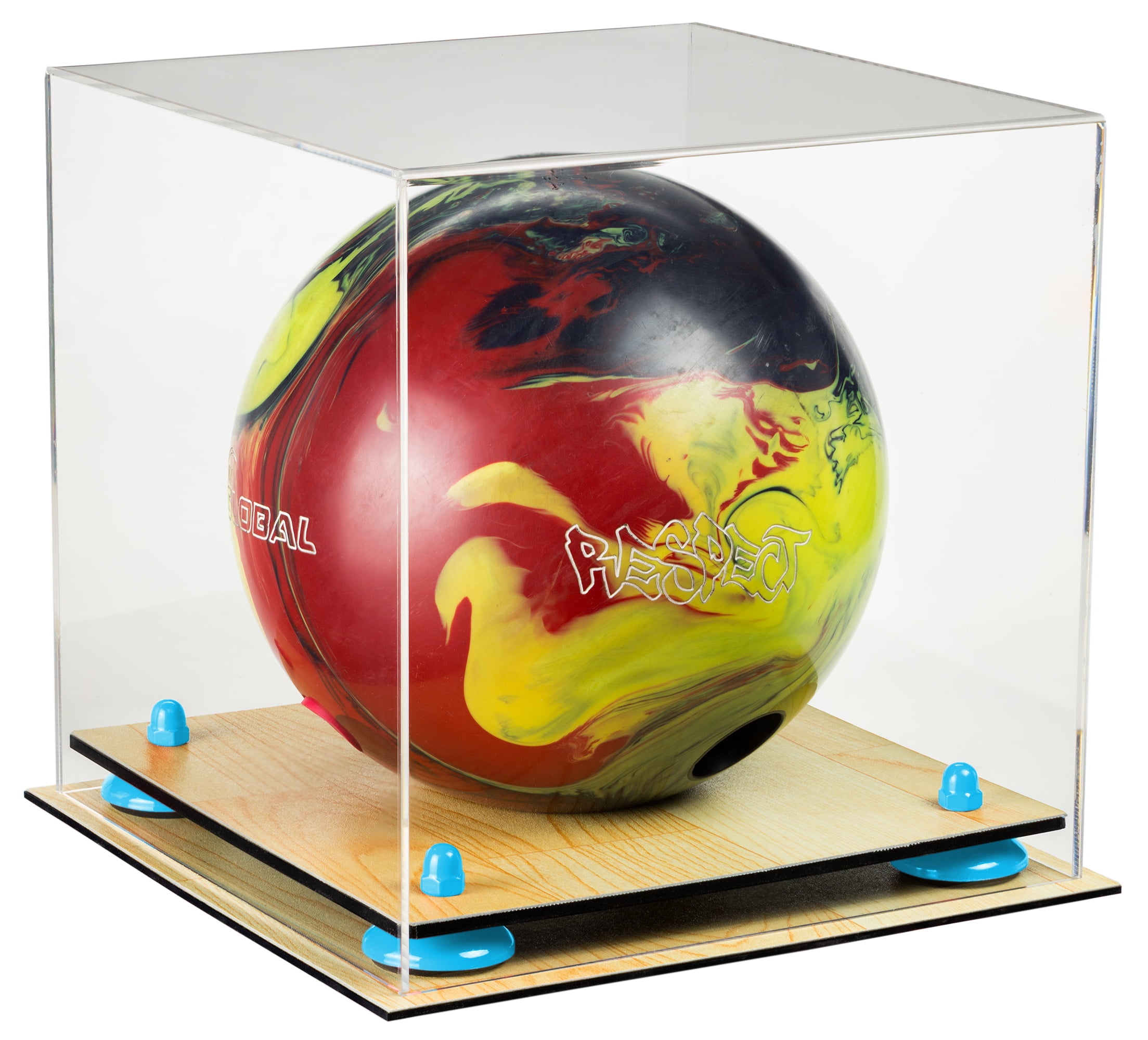 Deluxe Clear Acrylic Bowling Ball Display Case with Blue Risers and