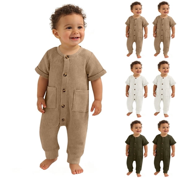 QNANSPI Baby Boys and Girls Romper, Toddler One Piece Jumpsuit, Newborn Solid Color Short Sleeve Romper Round Neck With Pocket Jumpsuit for 0-24 Months Infants