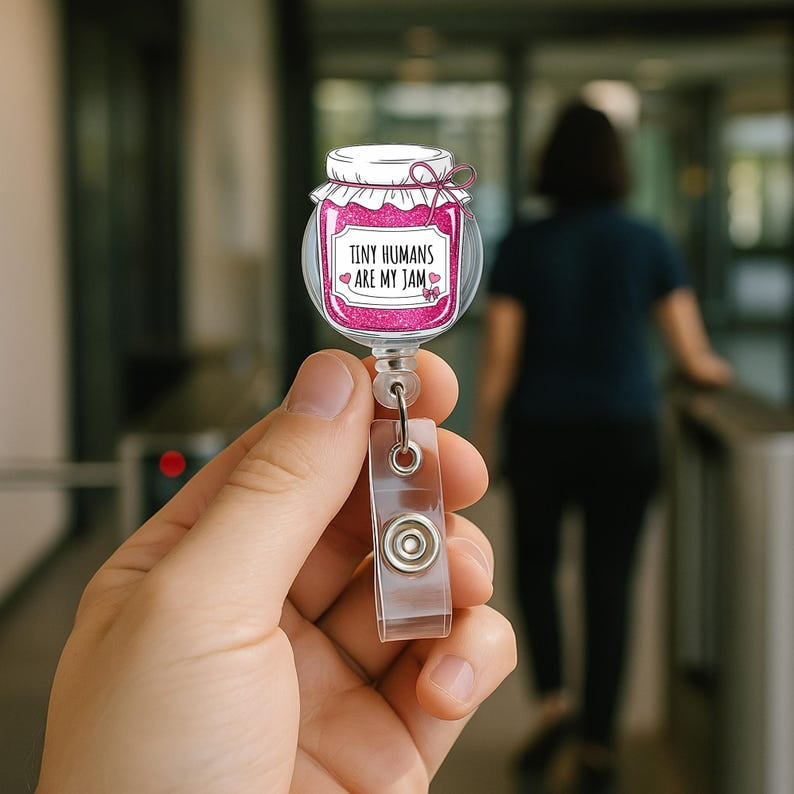 ViciArt Tiny Humans Are My Jam Badge Reel, Acrylic Retractable ID Holder, Pink Glitter Jar Clip