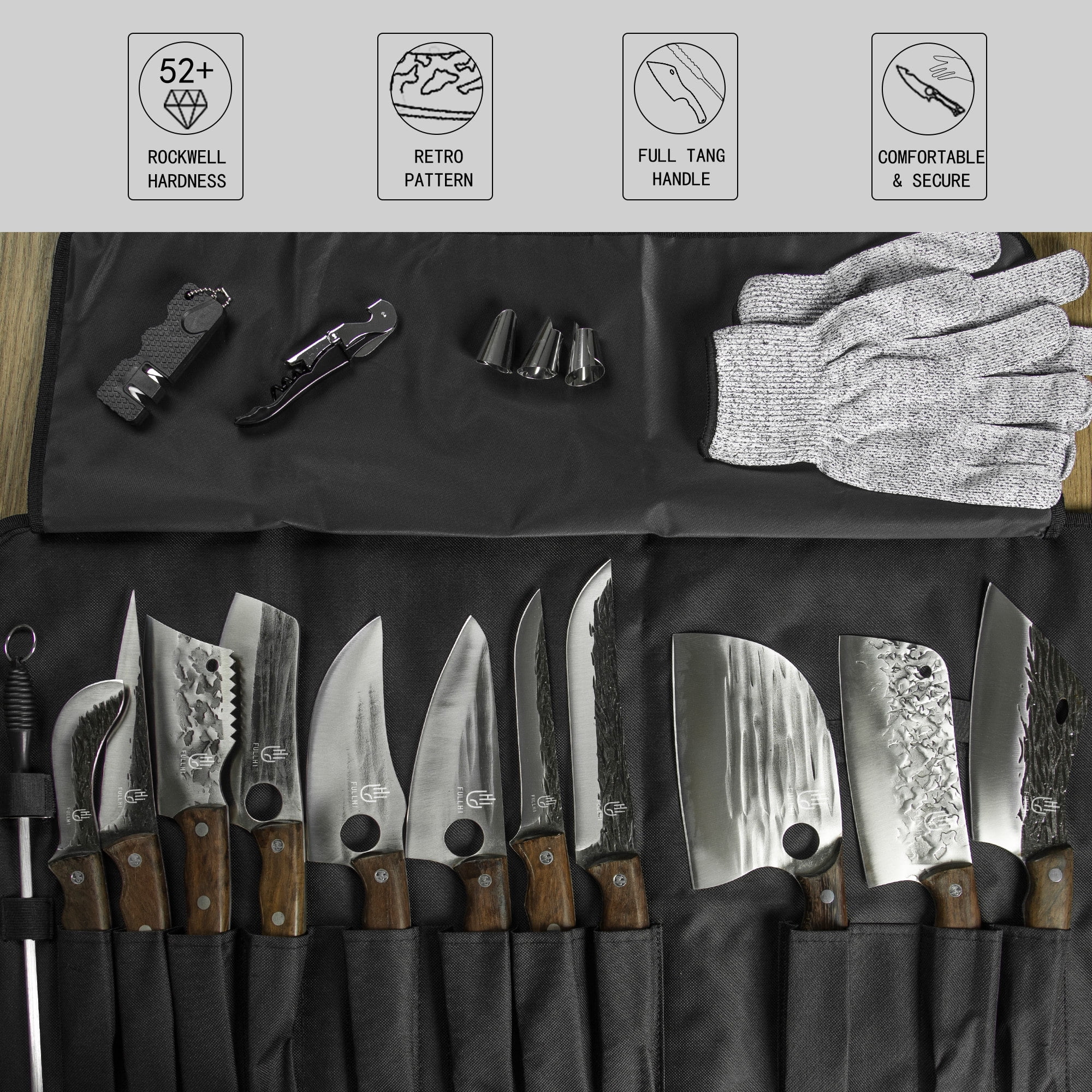 FULLHI Portable 14pcs Butcher Knife Set Wood Handle 8pcs Stainless Steel  Knives with Roll Bag Hand Forged Chef Knife Boning Knife High Carbon Steel  Viking Knife set For Kitchen, Camping, BBQ