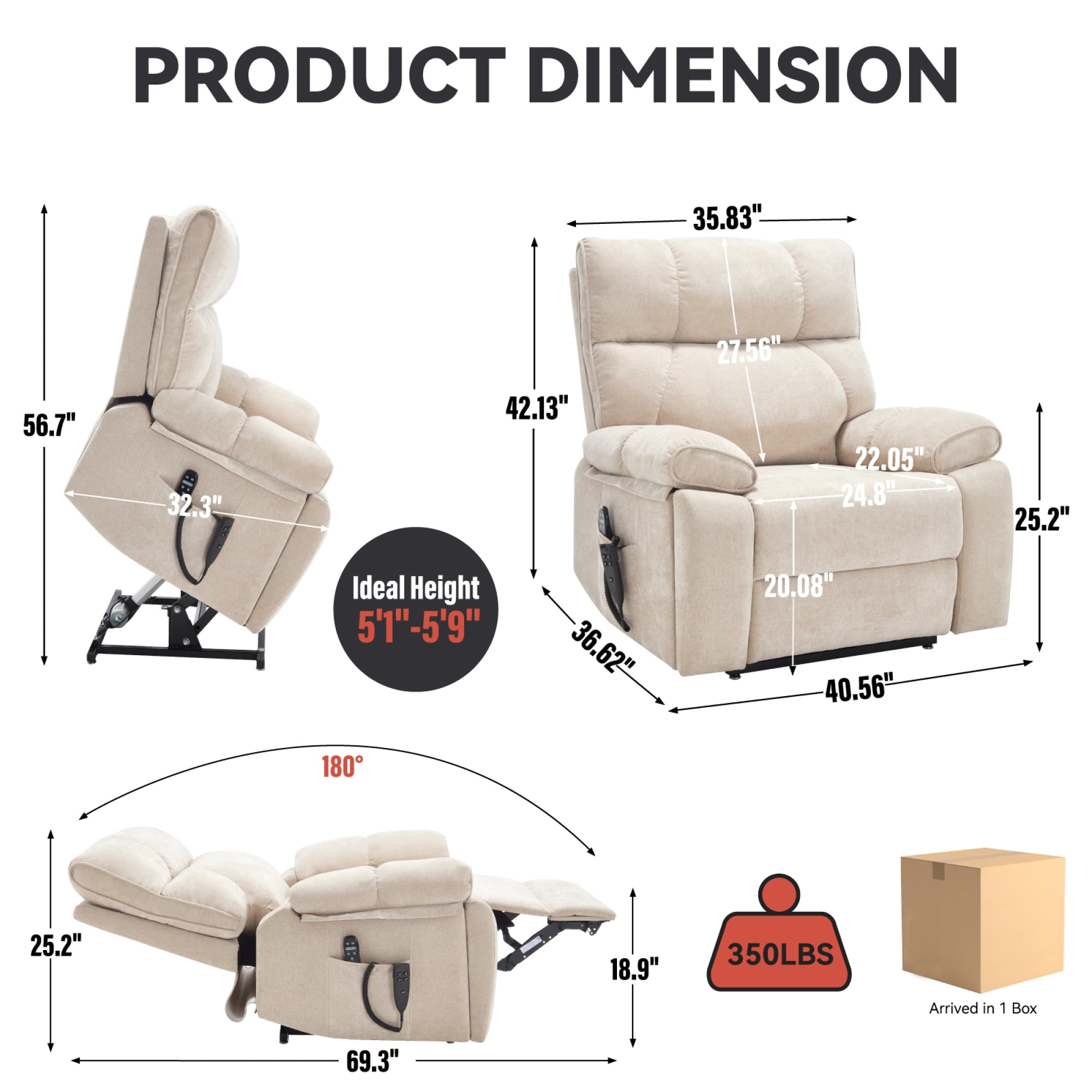 Leumius Large Electric Power Lift Recliner Chair for Elderly,23.5" Extra Wide Seat Recliners Single Sofa with Vibration Massage and Lumbar Heating,Dual Motor,Infinite Position,Beige+Chenille