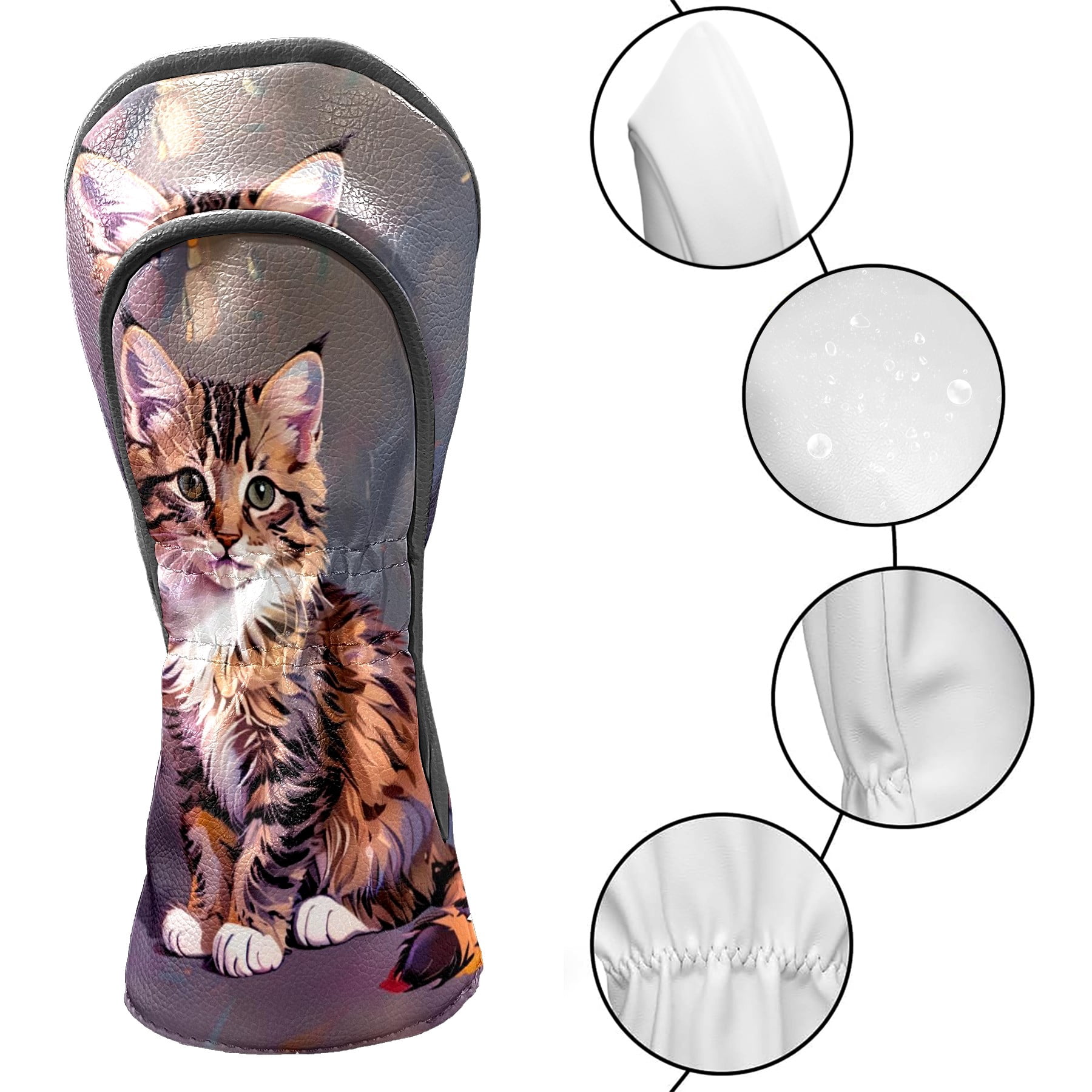 Golf Club Covers, Cat Premium PU Leather Driver Hybrid Putter Head Covers with Velvet Lining, Waterproof Golf Gifts for Men Women