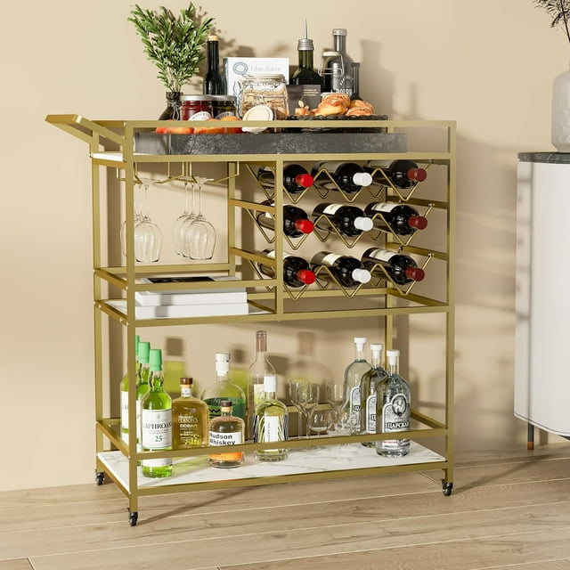 BENOSS 3-Tier Home Bar Cart with Wine Rack and Glass Cup Storage, Mobile Serving Wine Cart on Wheels, Modern Rolling Drink Trolley for Coffee Tea Wine, Beverage Bar Table for Home Kitchen Party, Black