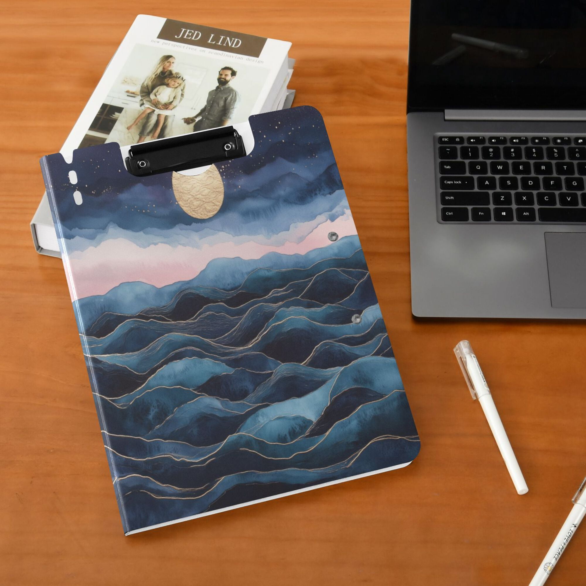 FORMRS A4 Clipboard Folder with Pen Holder Horizontal Foldable School Office Binder, Ocean Waves