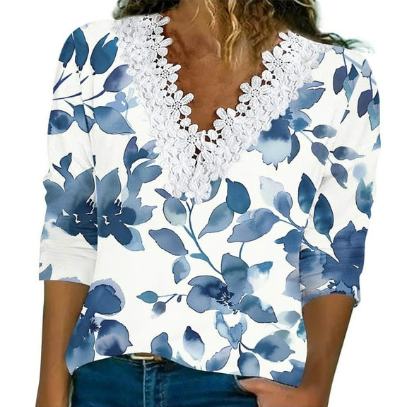 Women's Fashion Fall Gradient Tops Long Sleeve Lace Trim V Neck Casual Shirts Basic Tees Loose Fit Tunic Blouses