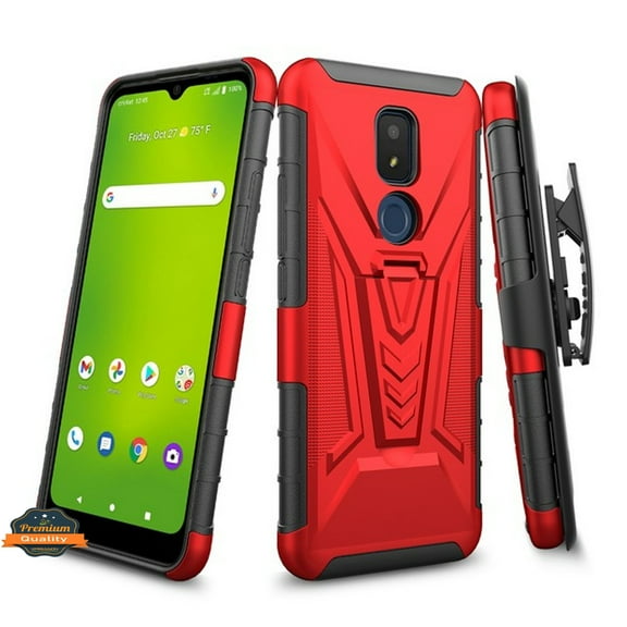For Cricket Icon 3, Splendor Hybrid Armor Kickstand with Swivel Belt Clip Holster Heavy Duty 3 in 1 Defender Shockproof Phone Case Cover by Xpression [Red]