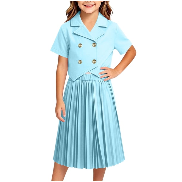 Odeerbi Niñas 2 Piezas Preppy Traje Manga Corta Muesca Solapa Blazer Chaqueta y Falda Plisada Conjunto Uniforme Escolar