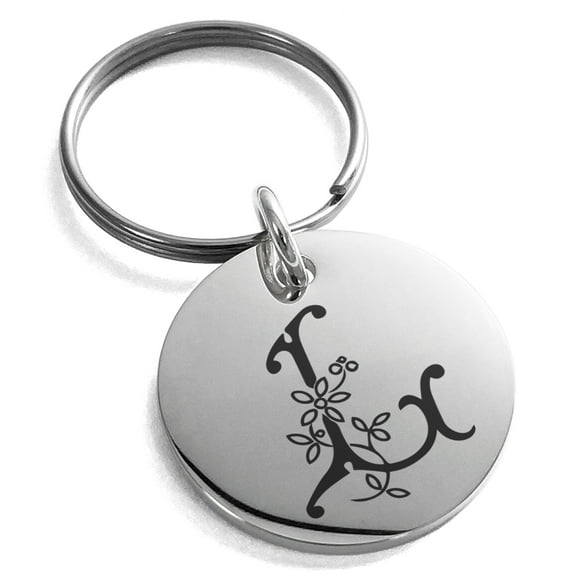 Stainless Steel Letter L Initial Floral Monogram Engraved Small Medallion Circle Charm Keychain Keyring