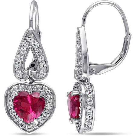 Tangelo 4-7/8 Carat T.G.W. Created Ruby and Created White Sapphire Sterling Silver Halo Heart Earrings