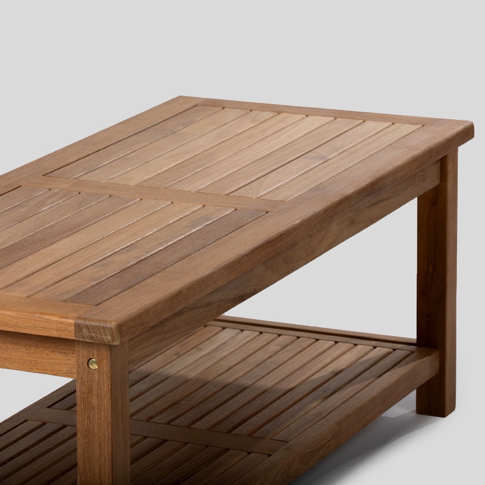 Ash & Ember Sierra Grade A Teak 47" Coffee Table with Shelf, Weather Resistant Tea Table for Deck, Porch, or Backyard Use, Slatted Indoor Outdoor Patio Lounge Furniture