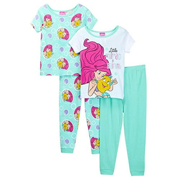 The Little Mermaid Ariel Girls 4 piece Pajamas Set (3T, Mermaid White/Teal)
