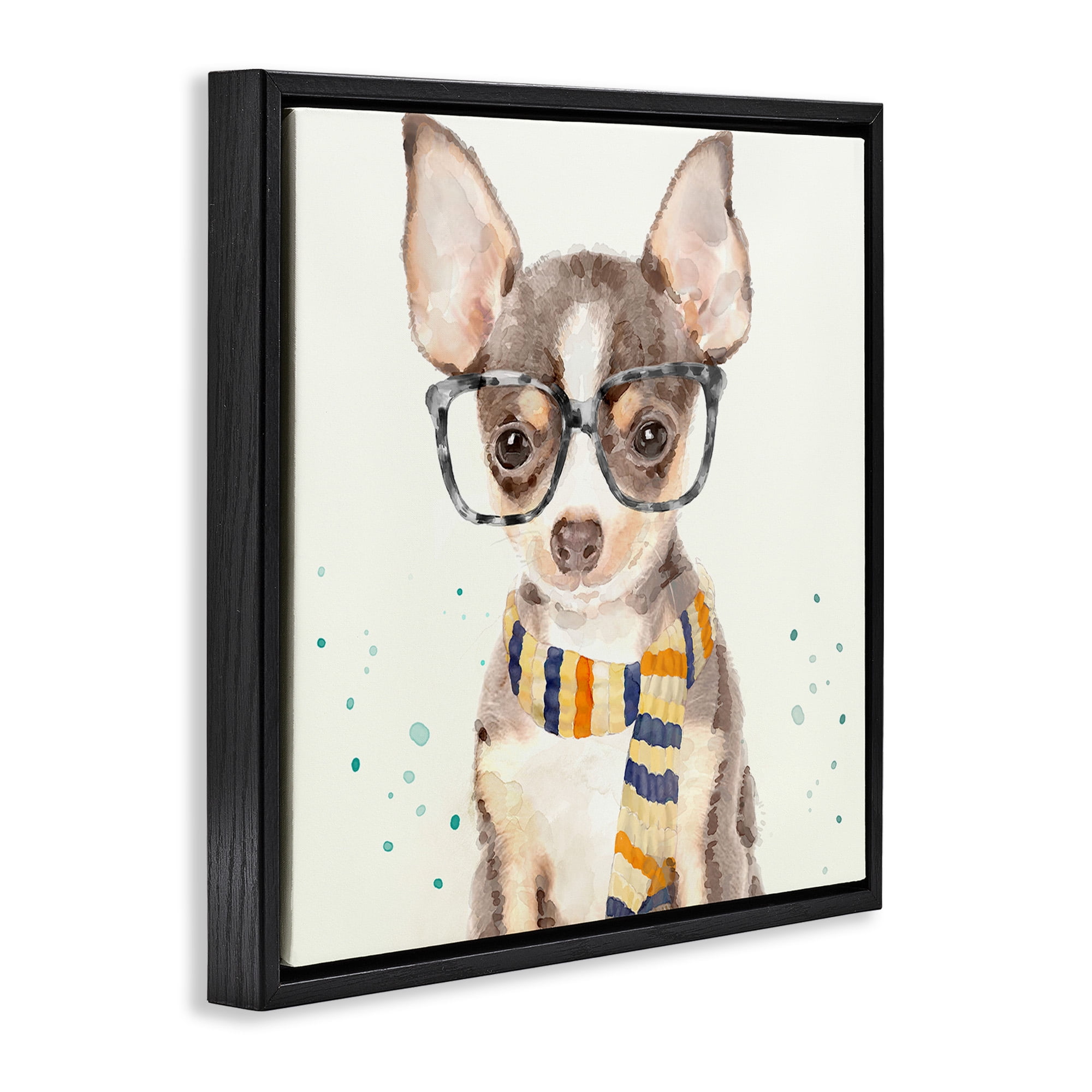 Stupell Industries Hipster Chihuahua Puppy Watercolor Animals & Insects Painting Black Floater Framed Canvas Art Print Wall Art, 18 x 18