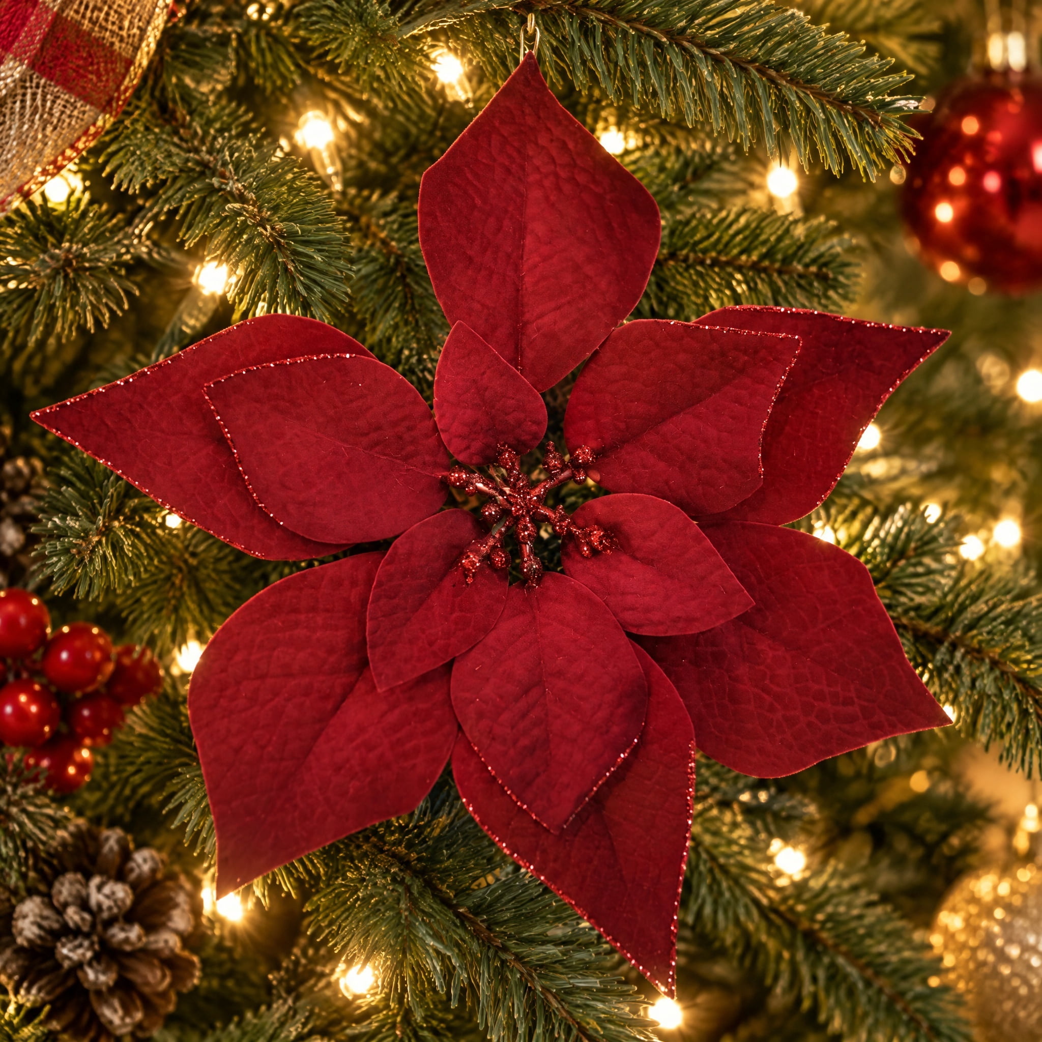 Red Glitter Poinsettia Christmas Clip Ornament, 11", by Holiday Time
