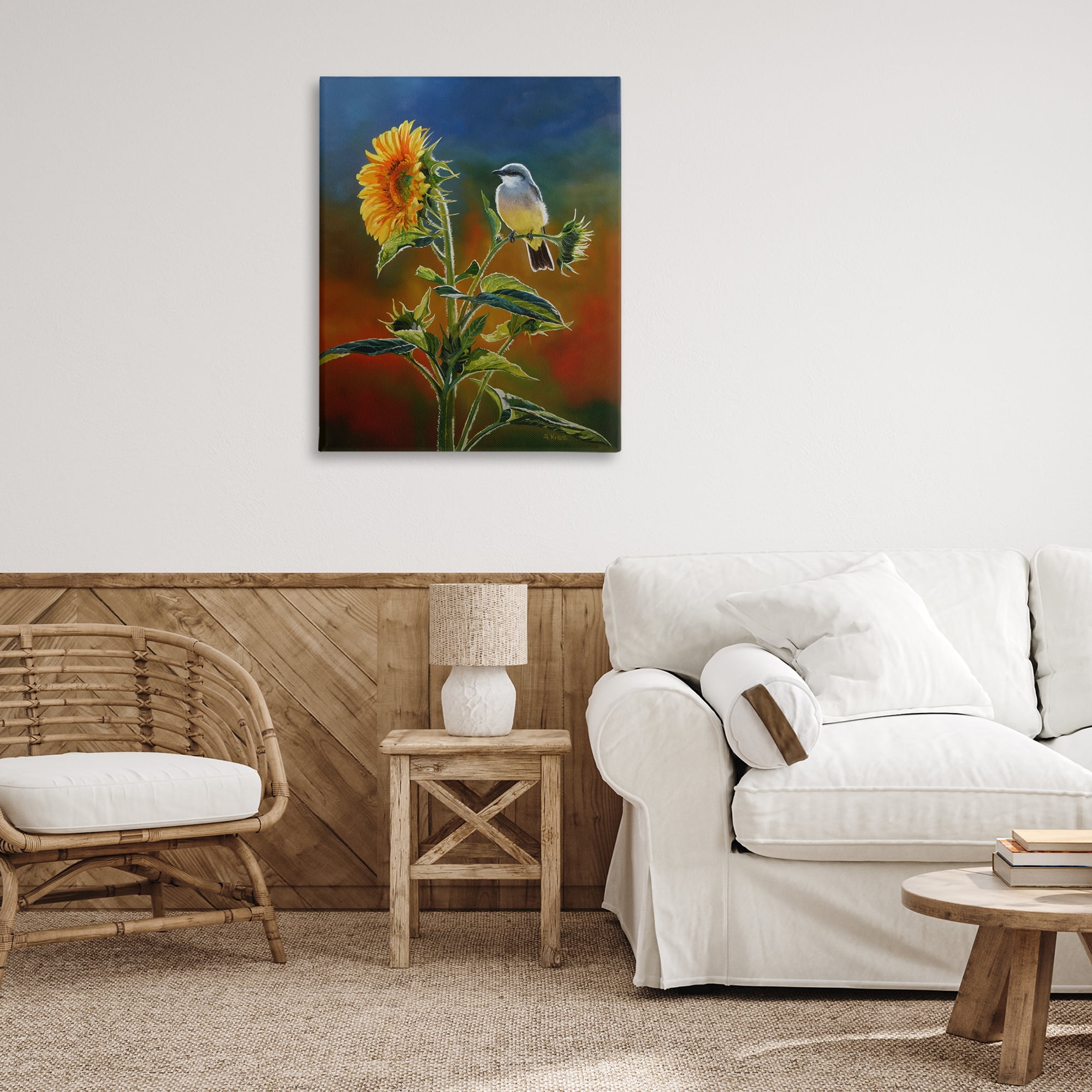 Stupell Industries Western Kingbird & Flower Plants & Flowers Painting Wrapped Canvas Art Print Wall Art, 30 x 40