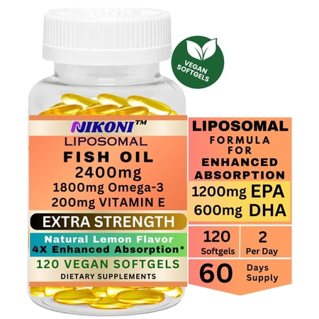 Nikoni Fish Oil Softgels Liposomal Vegan, 2400 mg Extra Strength, 1800mg EPA DHA, 200 mg Vitamin E, 120 Count