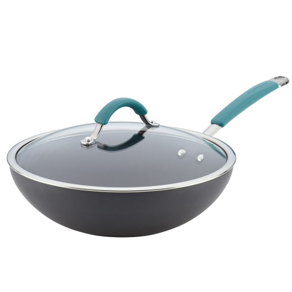 Rachael Ray Cucina Hard-Anodized Nonstick Stir Fry Pan with Lid, 11-inch, Gray, Agave Blue Handles