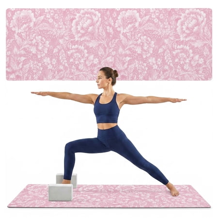 Yoga Mat Pink Damask Floral Yoga Mats with Strap & Shortage Bag Non Slip Workout Mats Absorbent Cushion Pad Spring Summer Petal Leaves Exercise Mat for Yoga Pilates Stretching Home Gym 68 x24