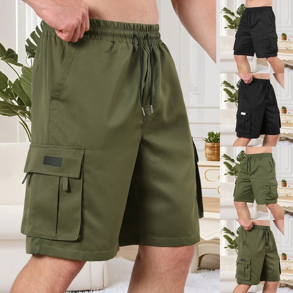 Men's Cargo Shorts 9" Inseam Outdoor Hiking Short Pants, Elastic Waist Drawstring Summer Casual Twill Utility Shorts with 6 Pockets for Fishing Travel Work