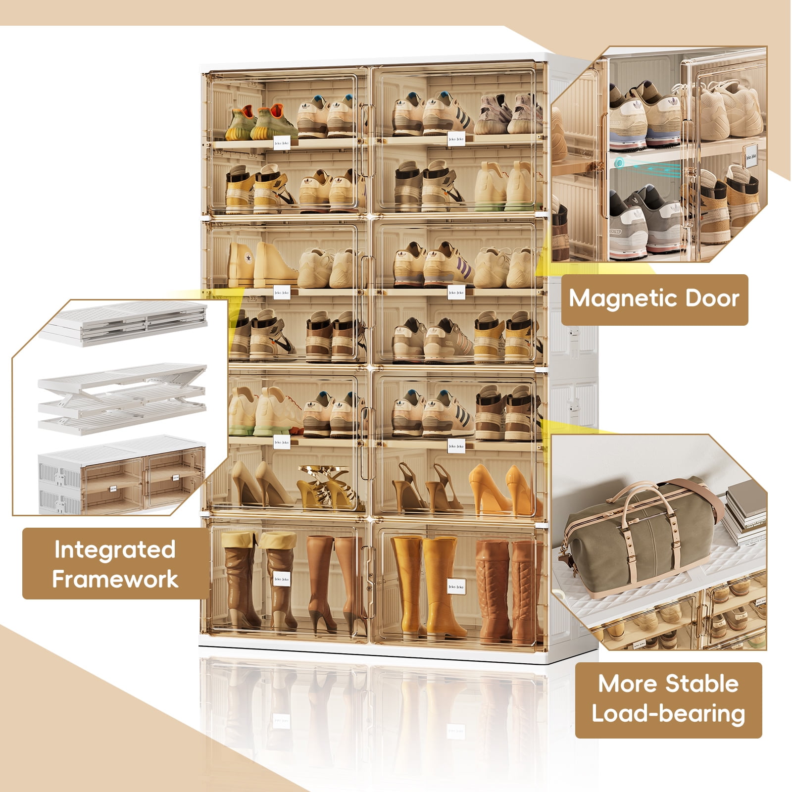 JEKO&JEKO 7-Tier Double Column Foldable Shoe Storage Rack with Magnetic Doors, White