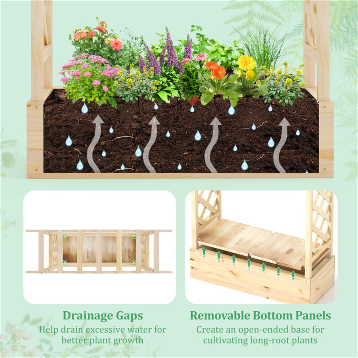 1 Pack Wooden Raised Garden Bed Planter Box with Hanging Roof 44Inch Pine Wood Elevated Outdoor Indoor Patio Balcony Backyard Flowers Herbs Vegetables Trellis Drainage Natural Easy Assembly