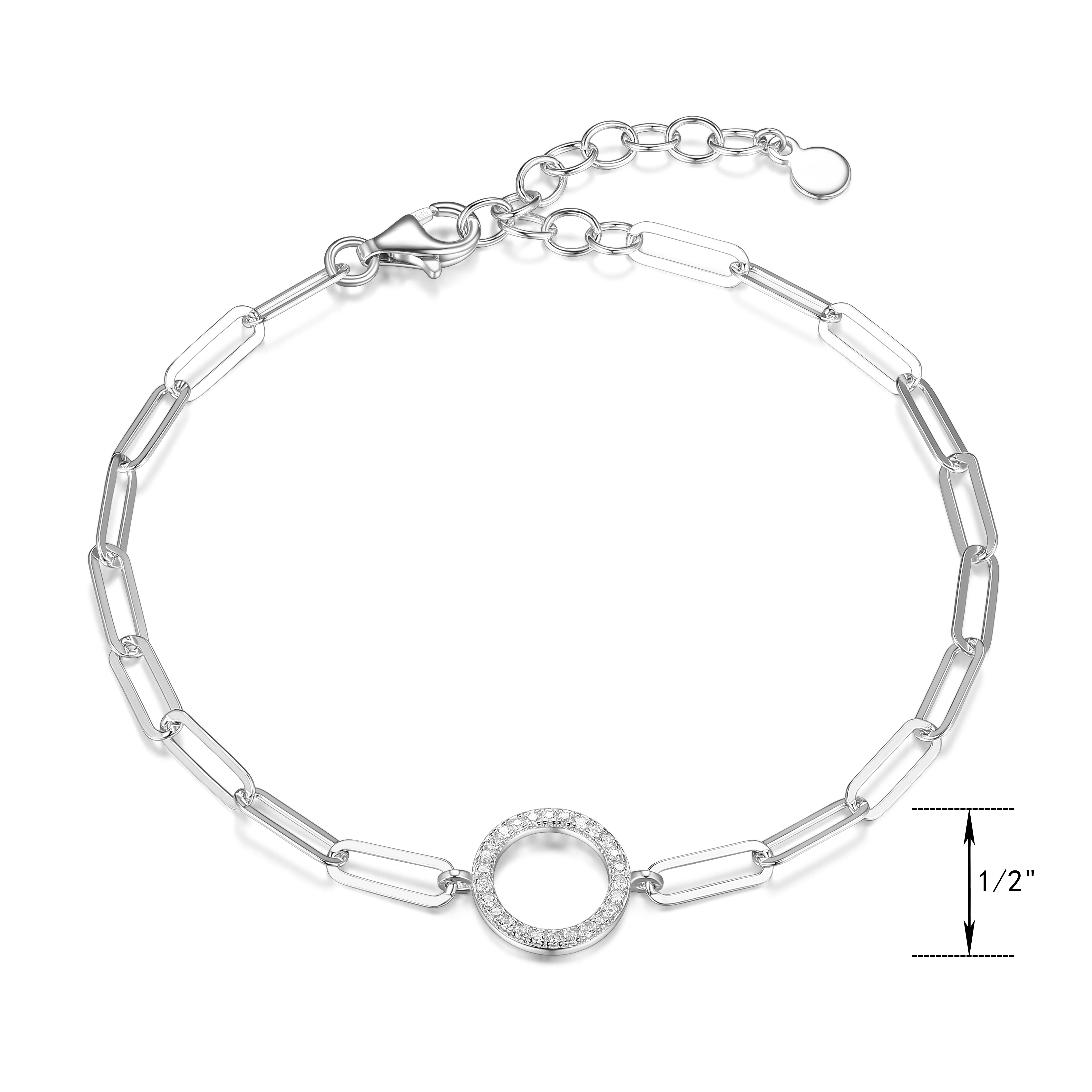 Forever Facets CZ Circle Paperclip Bracelet in Sterling Silver, 6.75" + 1.25" Extender
