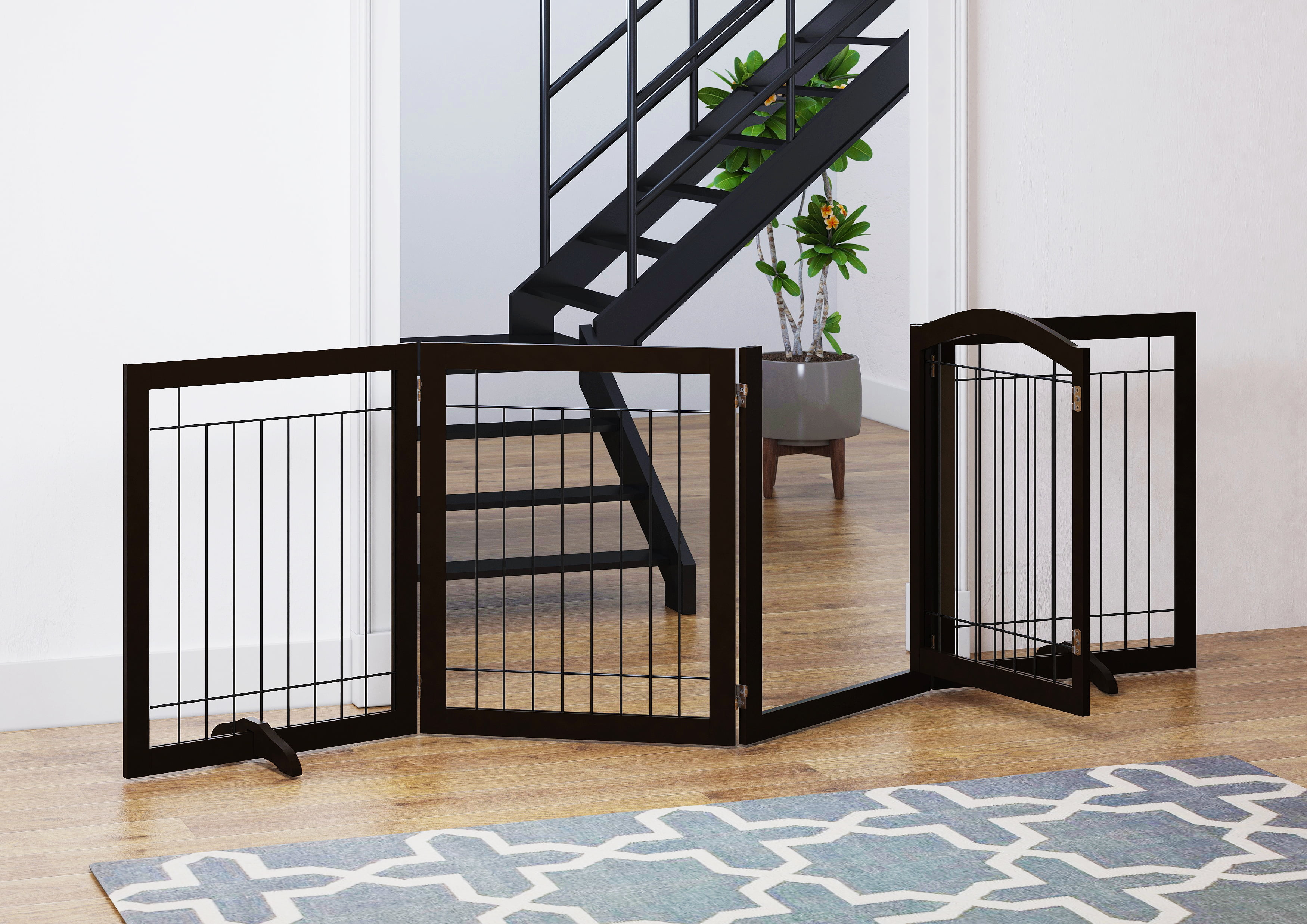 STAROUS 96-inch Extra Wide 30-inches Tall Dog gate with Door Walk Through, Freestanding Wire Pet Gate for The House, Doorway, Stairs, Pet Puppy Safety Fence, Support Feet Included(Espresso)