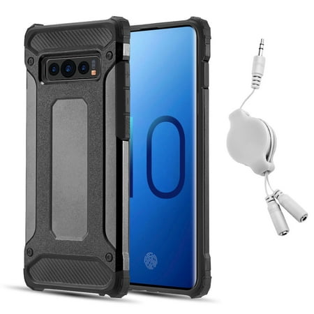 BUNDLE: Rugged Performance Dual Layer Hybrid Case for Galaxy S10 (Black) & Retractable 3.5mm Headphone Splitter Cable - Slim Port Covers Bumper Corner Protection Shock Absorption Raised Lip Guard