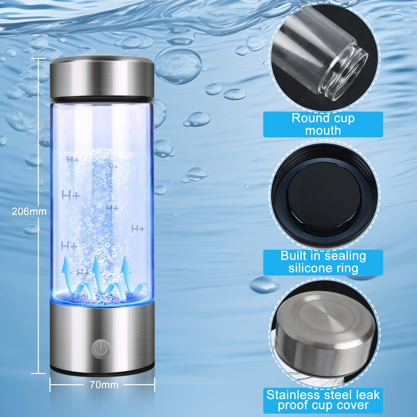 Ninonly 420ml Hydrogen Water Bottle Silver, Water Glass Healthy Cup Rechargeable Hydrogen Water Bottle Hydrogen Rich Water Glass for Home Travel Office