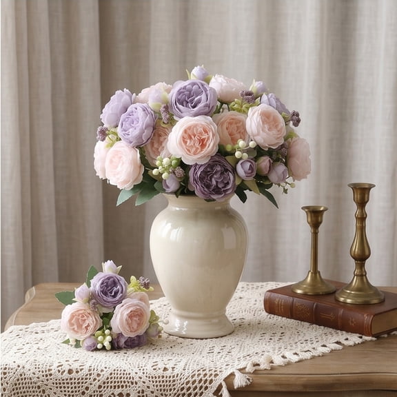Artificial Peony Bouquet, Realistic Faux Peony Rose Flowers Full Bloom Arrangement Long Lasting Floral Decor, Wedding Centerpiece Vase Display Home Decoration for Bridal Shower Party Living Room
