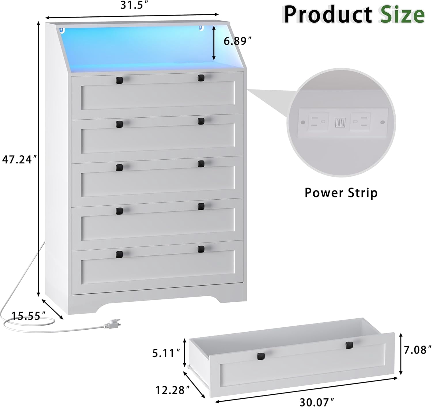 FANRAL 5 Drawers Dresser for Bedroom,Tall Dresser Modern Chest of Drawers with LED Open Shelf,Wood Closet Clothes Organizer Storage Cabinet,White Dresser
