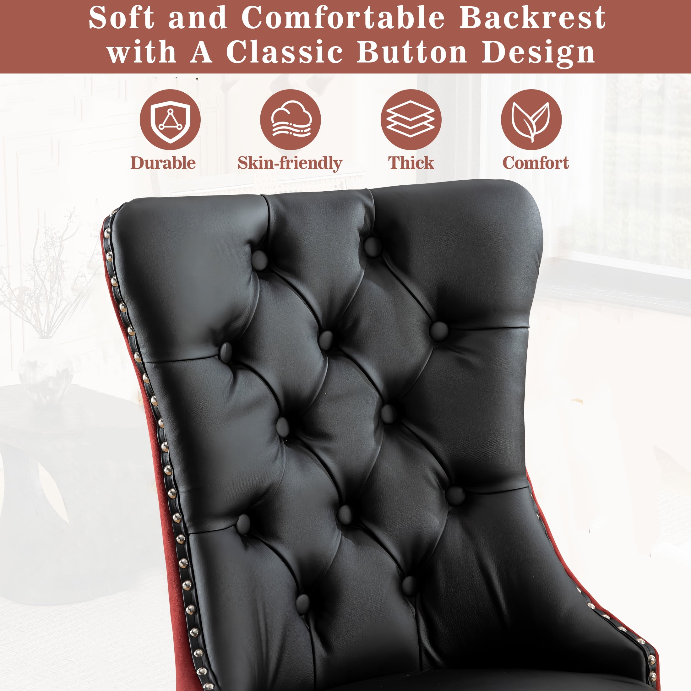 PORKISS Dining Chairs Set of 2, Modern Wood and PU Dining Room Chair with Back Ring and Nailhead Trim, Upholstered Tufted Velvet Chair with Wood Legs for Kitchen, Black/Wine Red