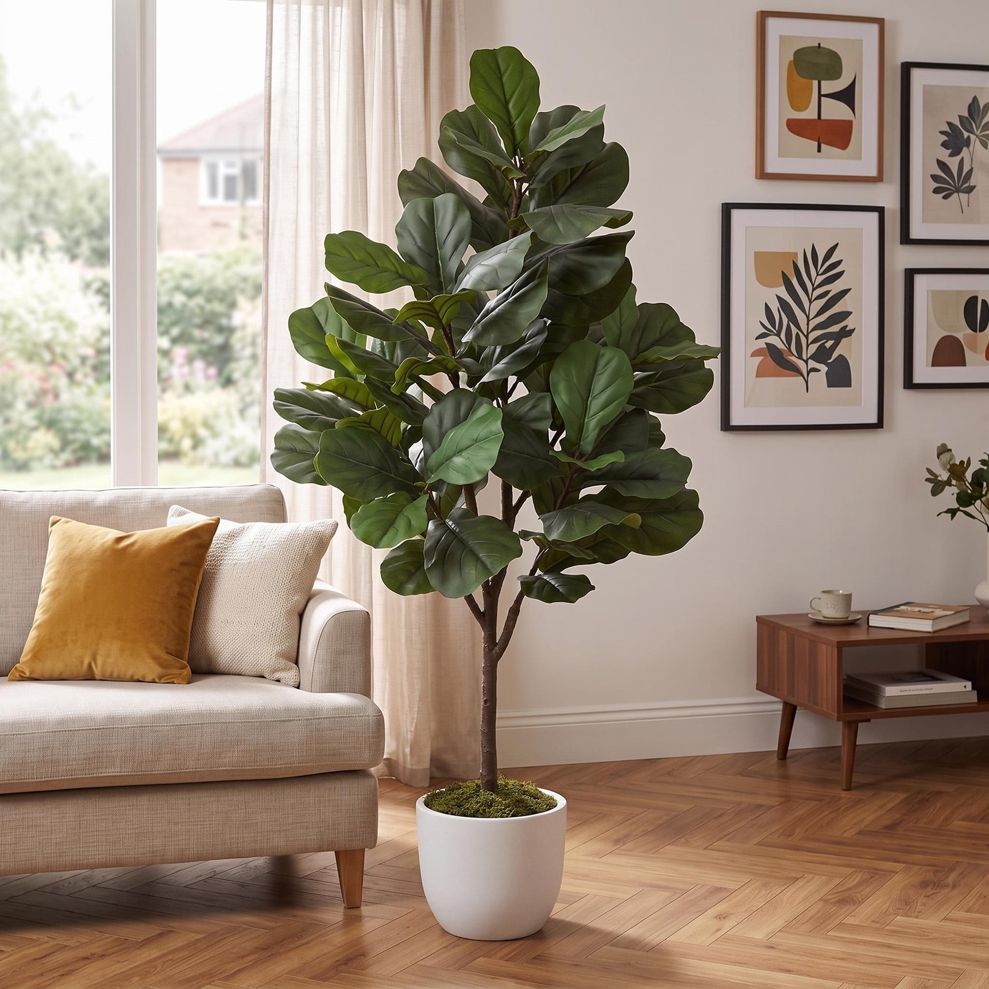 Artificial Fiddle Leaf Fig Tree 5FT Tall, Faux Ficus Lyrata Plant with Realistic Silk Leaves in Pot, Fake Floor Plant for Indoor Home Office Decor