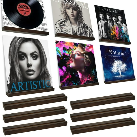 Set de soporte de pared para discos de vinilo KEYWING, madera teñida de nogal