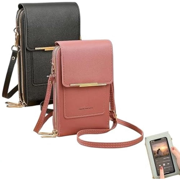 Women's Touch Screen Phone Messenger Bag, RFID Leather Crossbody Wallet with Anti-Theft Strap, Clear Window Phone Holder for Travel (2PC)