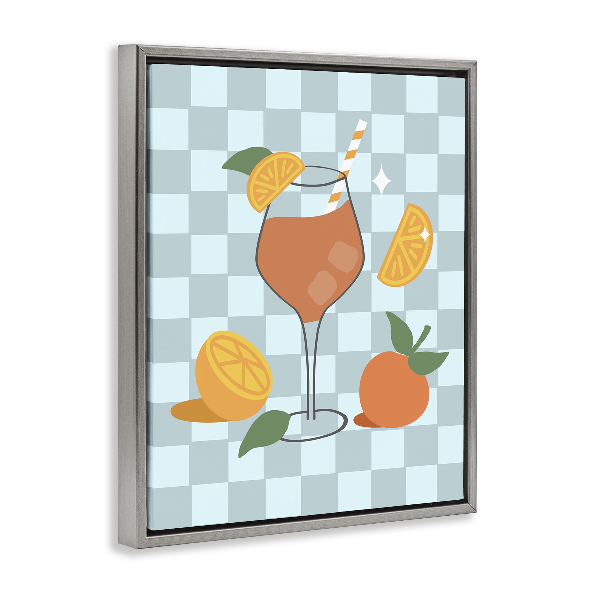 Stupell Industries Checkered Fruity Cocktail Food & Beverage Painting Gray Floater Framed Canvas Art Print Wall Art, 17 x 21