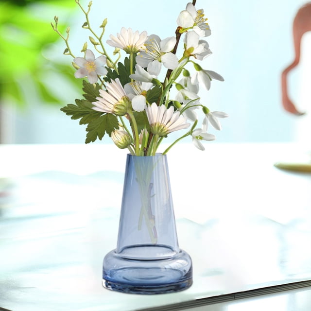 Florero de Vidrio | Recipiente Hidropónico Transparente para Arreglos Florales, Decoración de Escritorio de Oficina | Vidrio de Alta Claridad, Base Estable, Fácil de Limpiar | Azul Gris 14x9.5cm