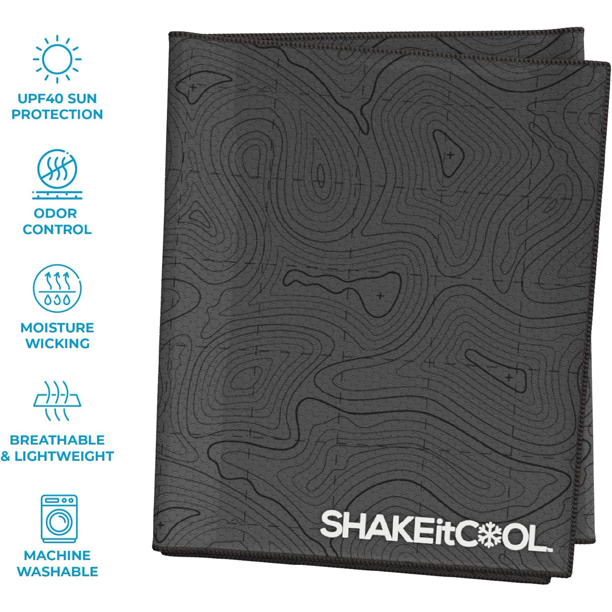 SHAKEitCOOL Extended Size Cooling Towel – Be Cool in Style - Heat Relief, Soft, Lightweight, Sun Protection, Easy Clean - Perfect for Biking, Hiking, Running, Yoga, Golf, Gardening - Black Topo M