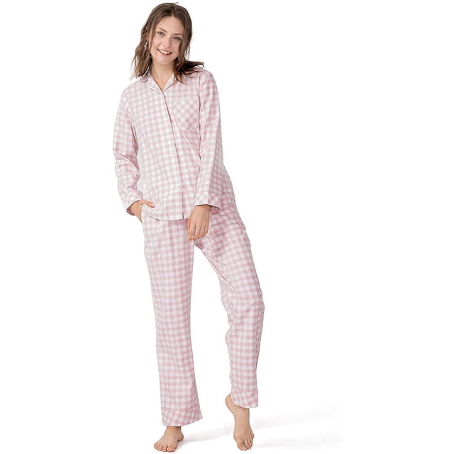 Conjunto de pijama de mujer de franela de algodón con estampado a cuadros, manga larga, ropa de dormir y para estar en casa.