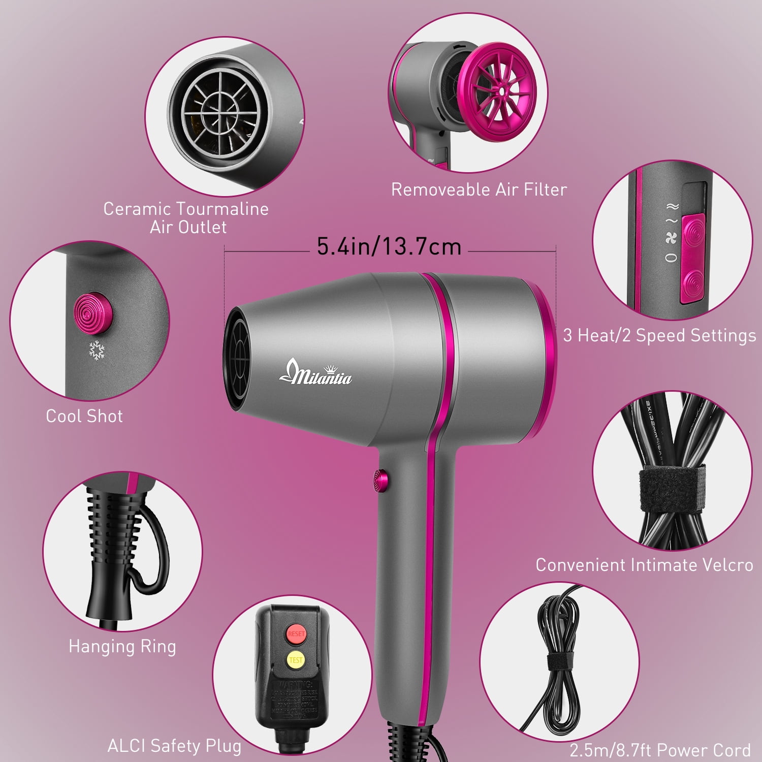 1875W Compact Ionic Hair Dryer for Fast Drying Frizz Control & Shiny Hair, Quiet & Compact for Home & Travel (Dark Grey)