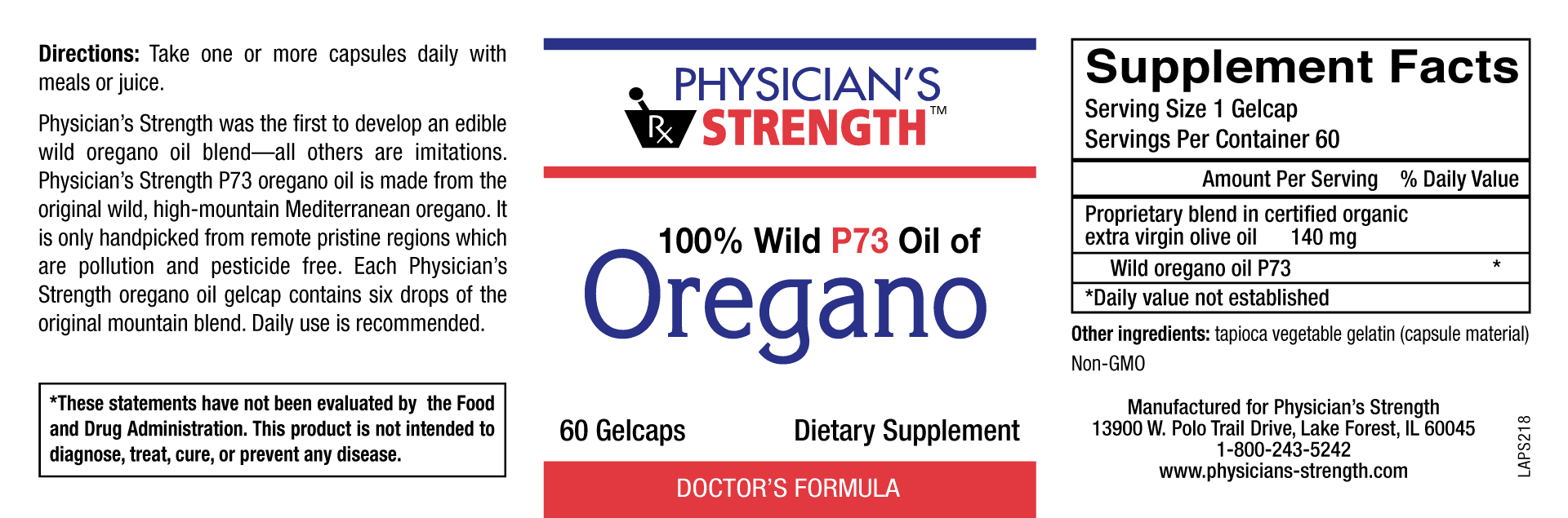 Physician’s Strength™ 100% Wild P73 Oil of Oregano, 60 Gelcaps – All-Natural Dietary Supplement for Adults – Made with