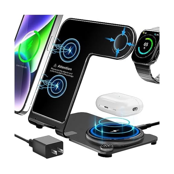 FU1999Wireless Charger 3 in 1,Aluminum Alloy Wireless Charging Stand 18W Fast Charging for iPhone 15/14/13/12/11/Pro/Max/XS/XR/X/8, iWatch9/8/7/6/5/4/3/2/SE, Airpods Pro/3/2