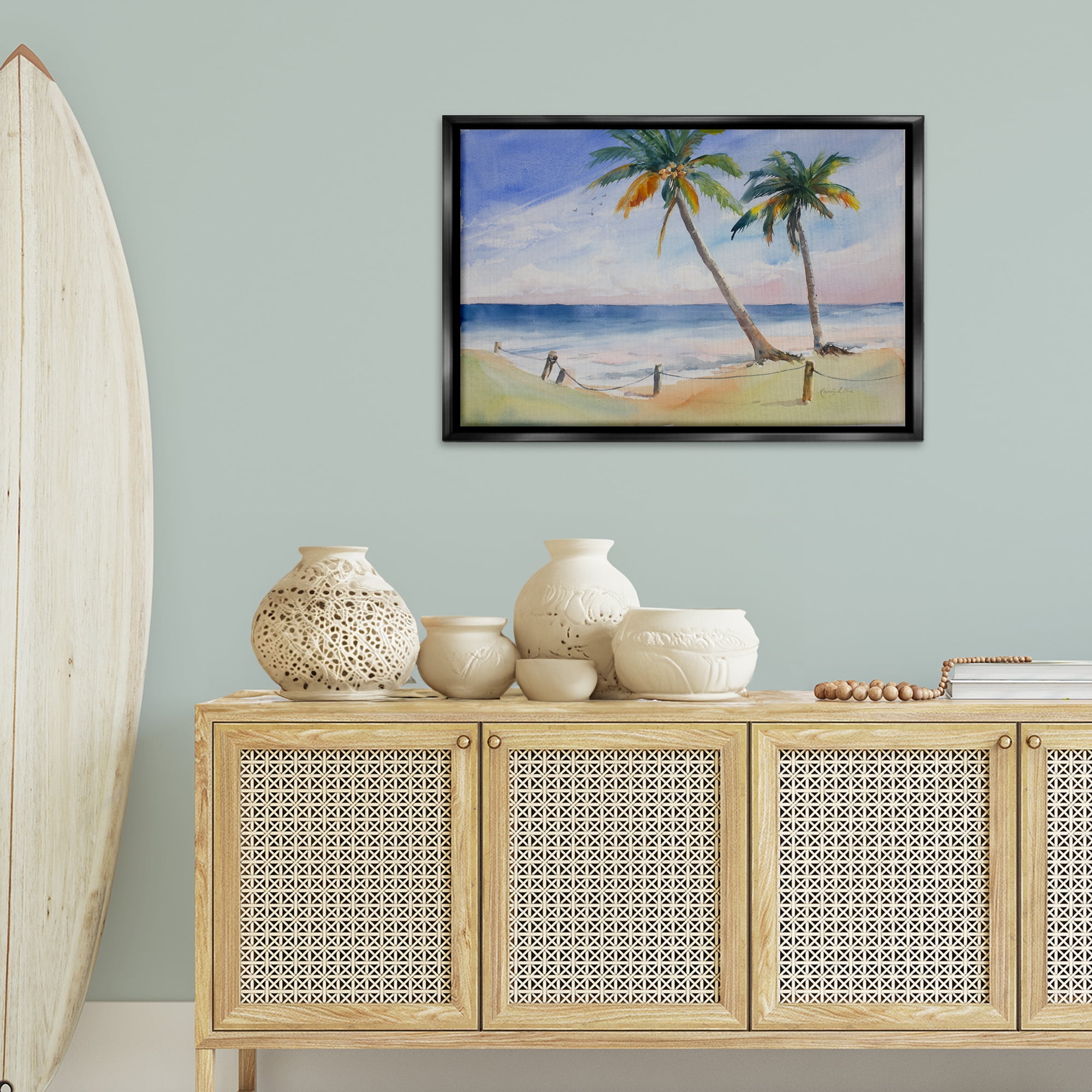 Stupell Industries Two Palms Beach Sunset Nautical & Beach Painting Black Floater Framed Canvas Art Print Wall Art, 31 x 21