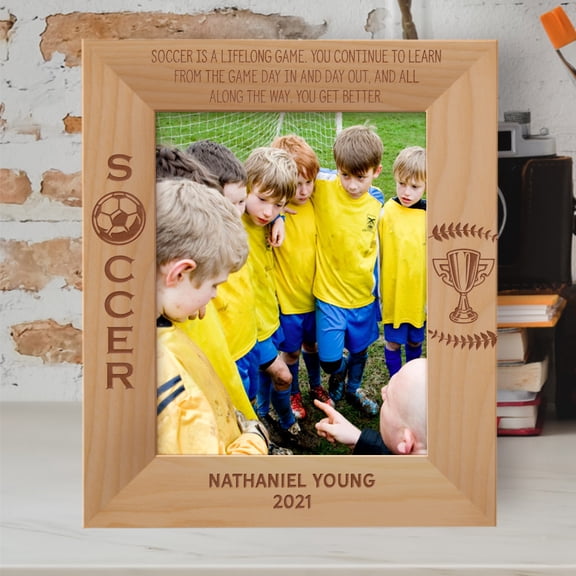 Soccer Is A Lifelong Game You Continue To Learn From The Game Day Out And All Along The Way You Get Better Personalized Wooden Frame 8" x 10" Brown (Vertical)