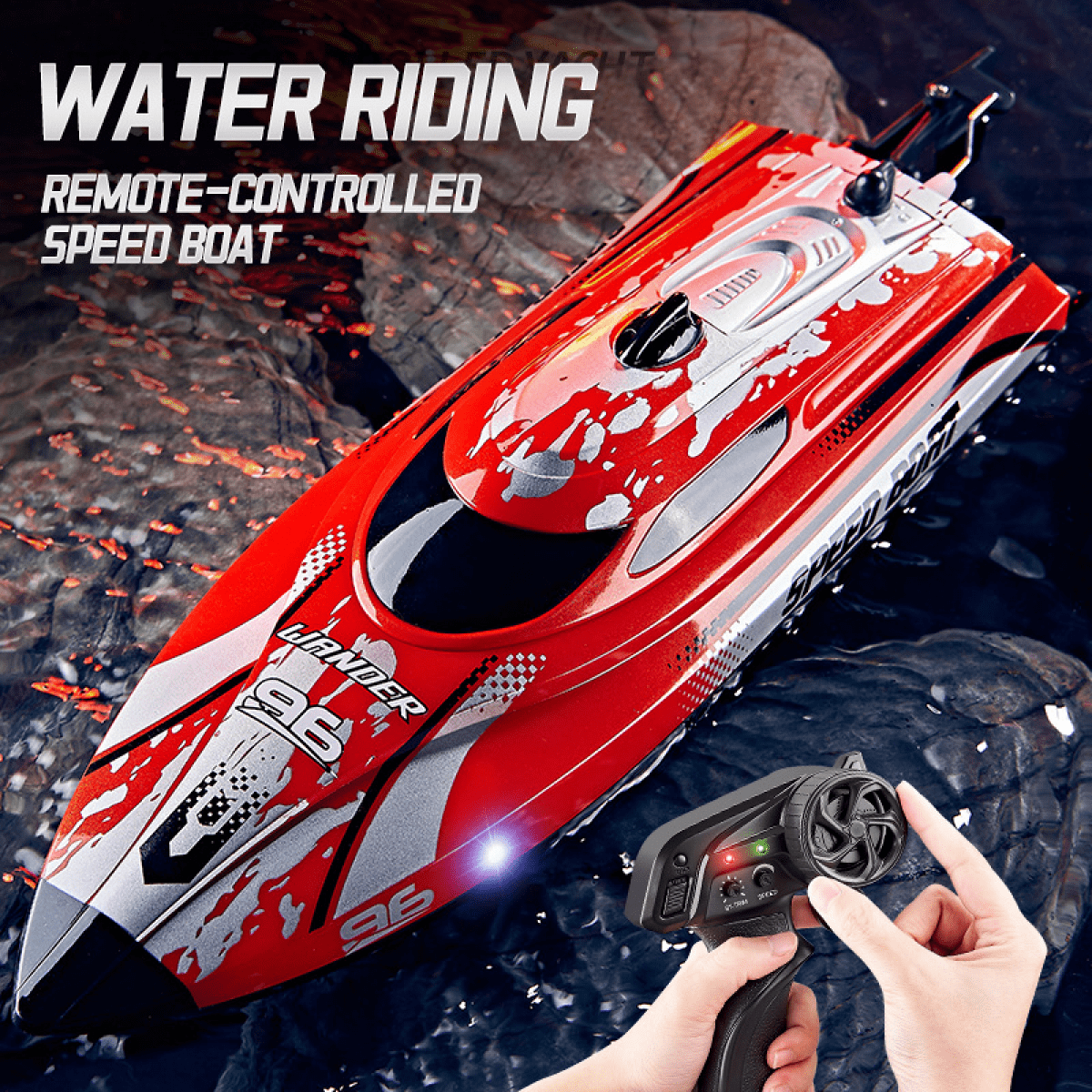 RC Boat for Kids 12in Remote Control Boat with 25 KPH High Speed & Lights, Waterproof Toy Boats for Lakes & Pools-Blue