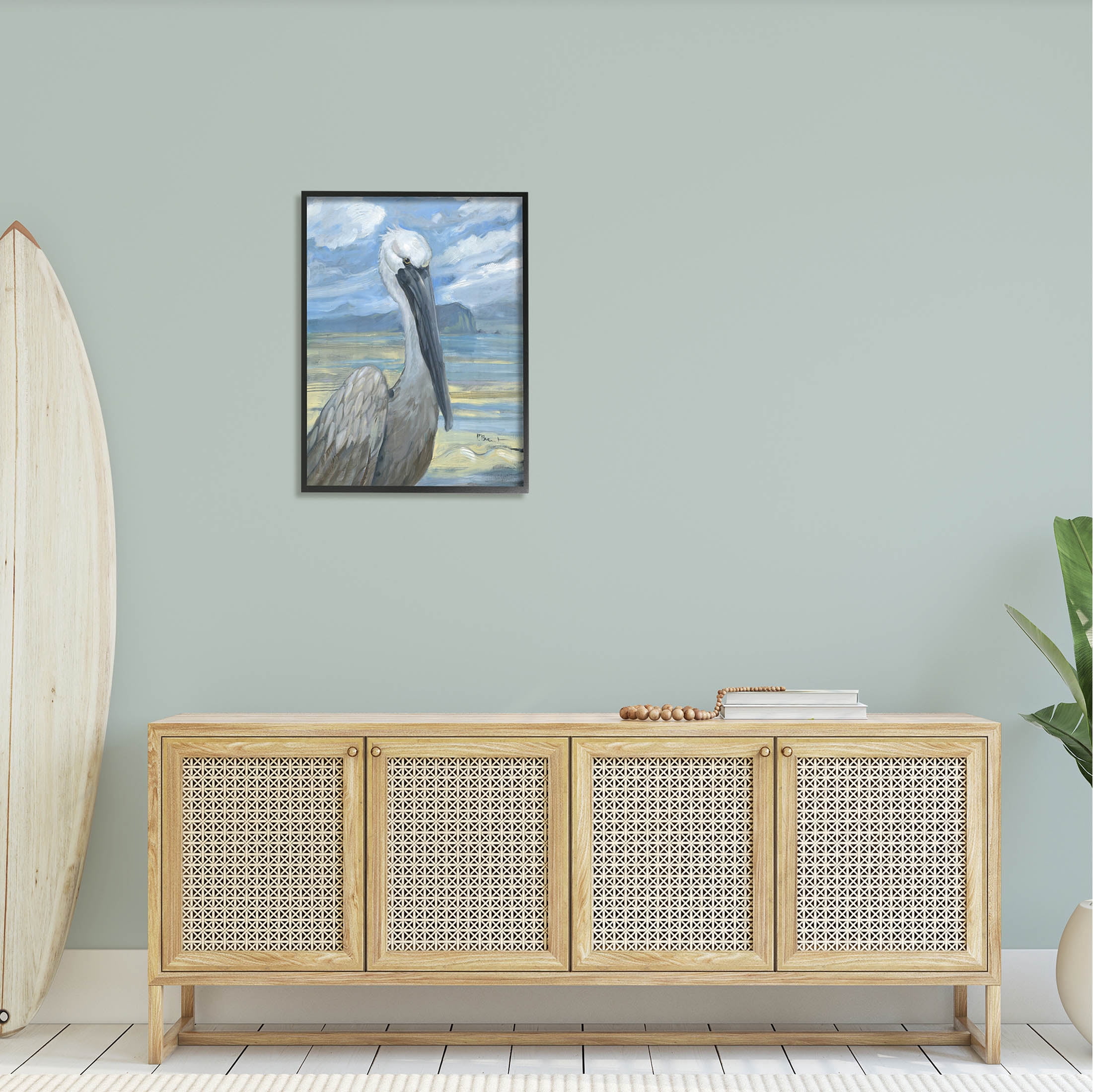 Stupell Industries Salty Pelican Cloudy Coastal beach Painting Black Framed Art Print Wall Art, Design by Paul Brent