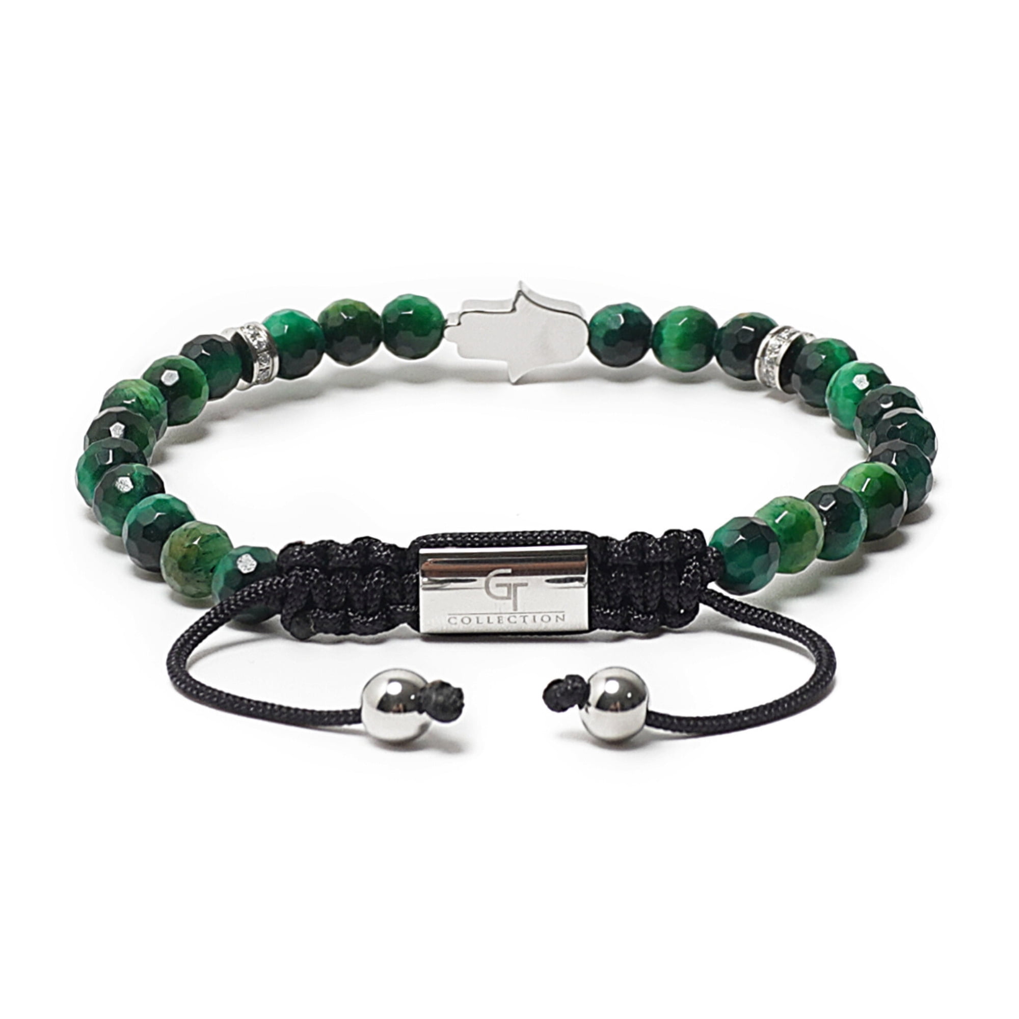 Men's GREEN TIGER EYE Bracelet with Silver HAMSA Hand