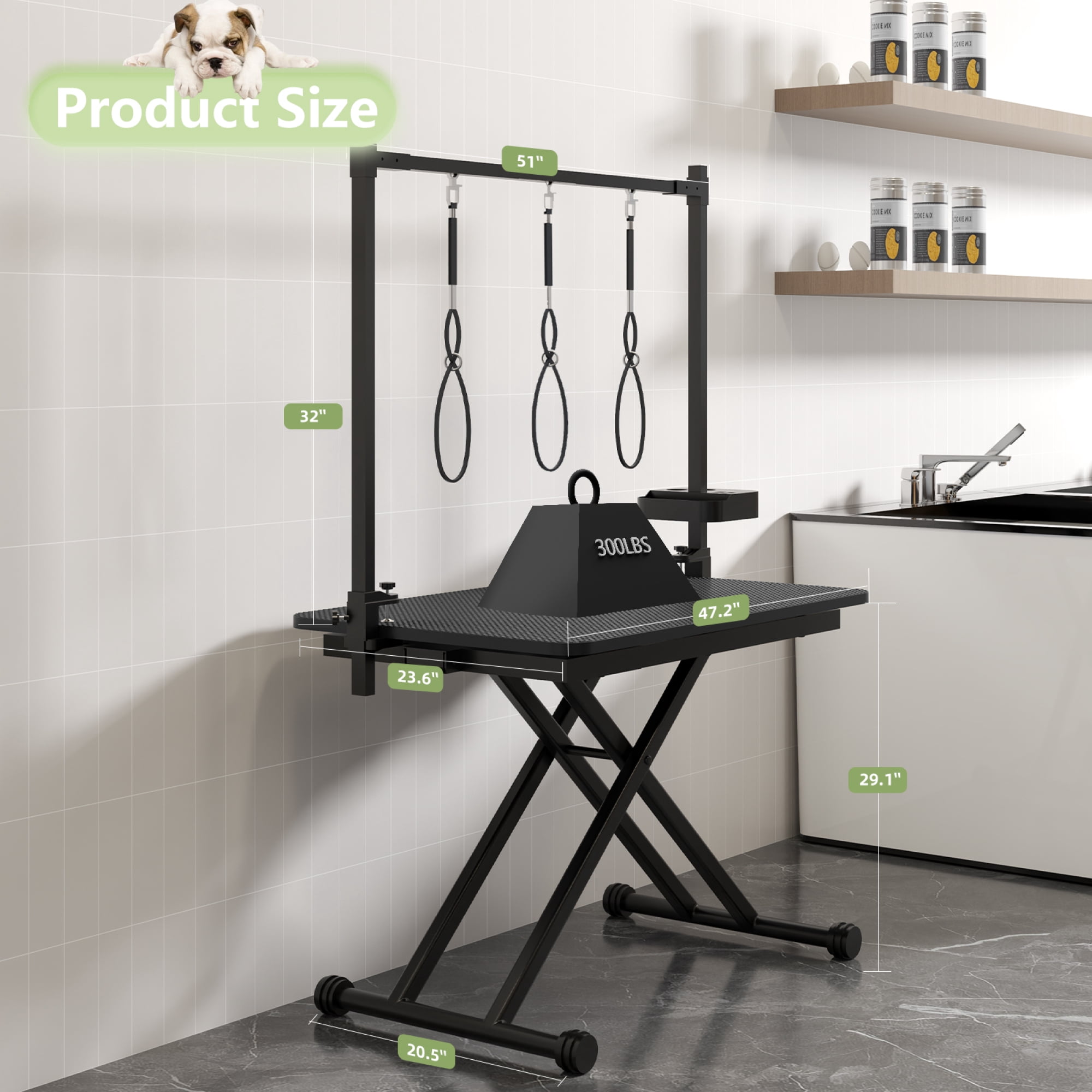 Leumius 47 Inch Black Large Dog Grooming Table, X-Lift Foldable Grooming Table for Dogs at Home Adjustable Height Arms Pet Station with Nooses, Tool Organizer