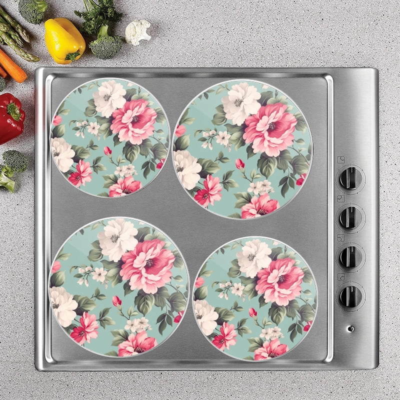BaHomeck Electric Stove Burner Covers Set of 4,Round Metal Gas Stove Burner Covers 8 Inch and 10 Inch,Kitchen Decor,Vintage Floral Pattern With Pastel Pink