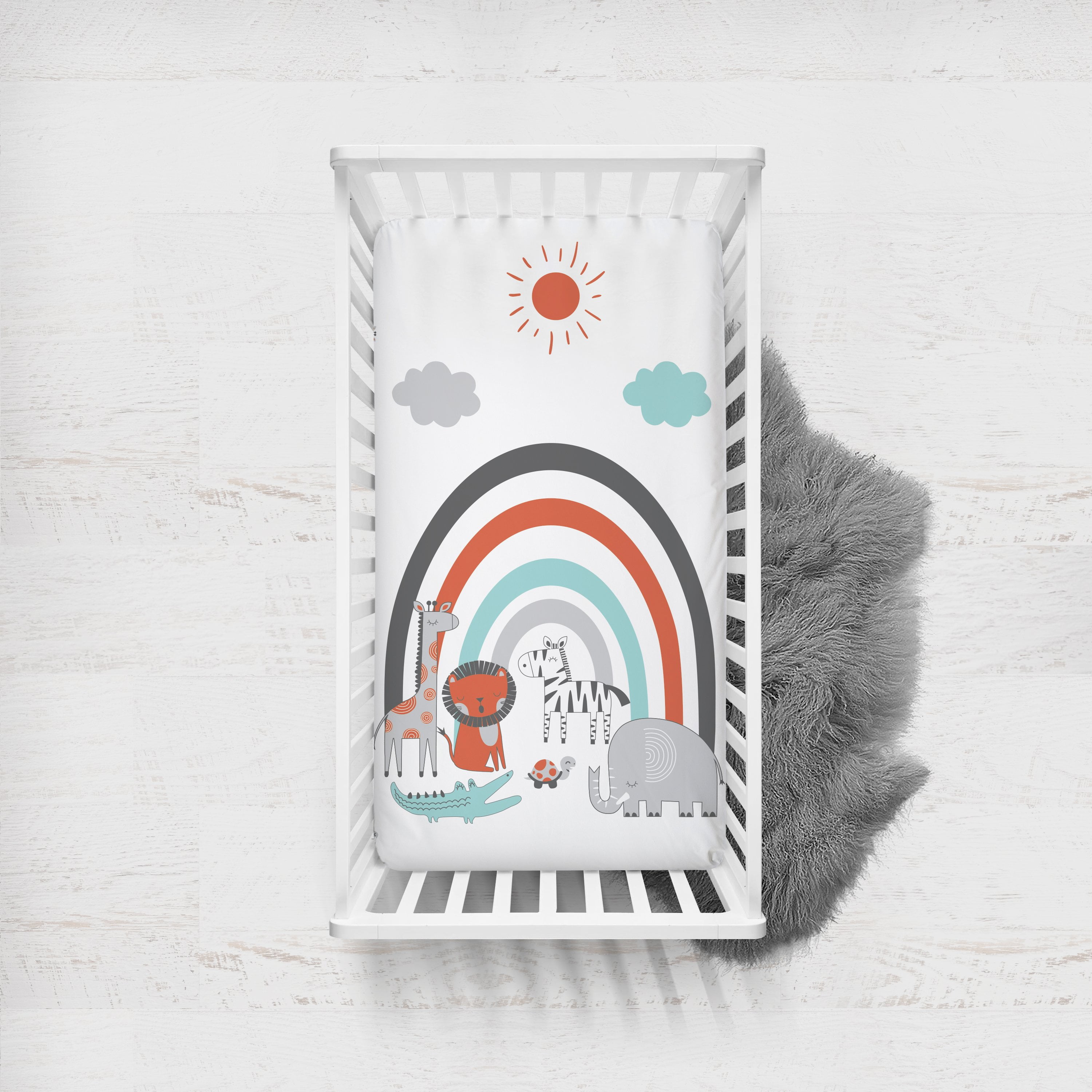 Crib or Toddler Bed Fitted Sheet 100% Cotton Percale, Safari Jungle Aqua/Orange/Grey